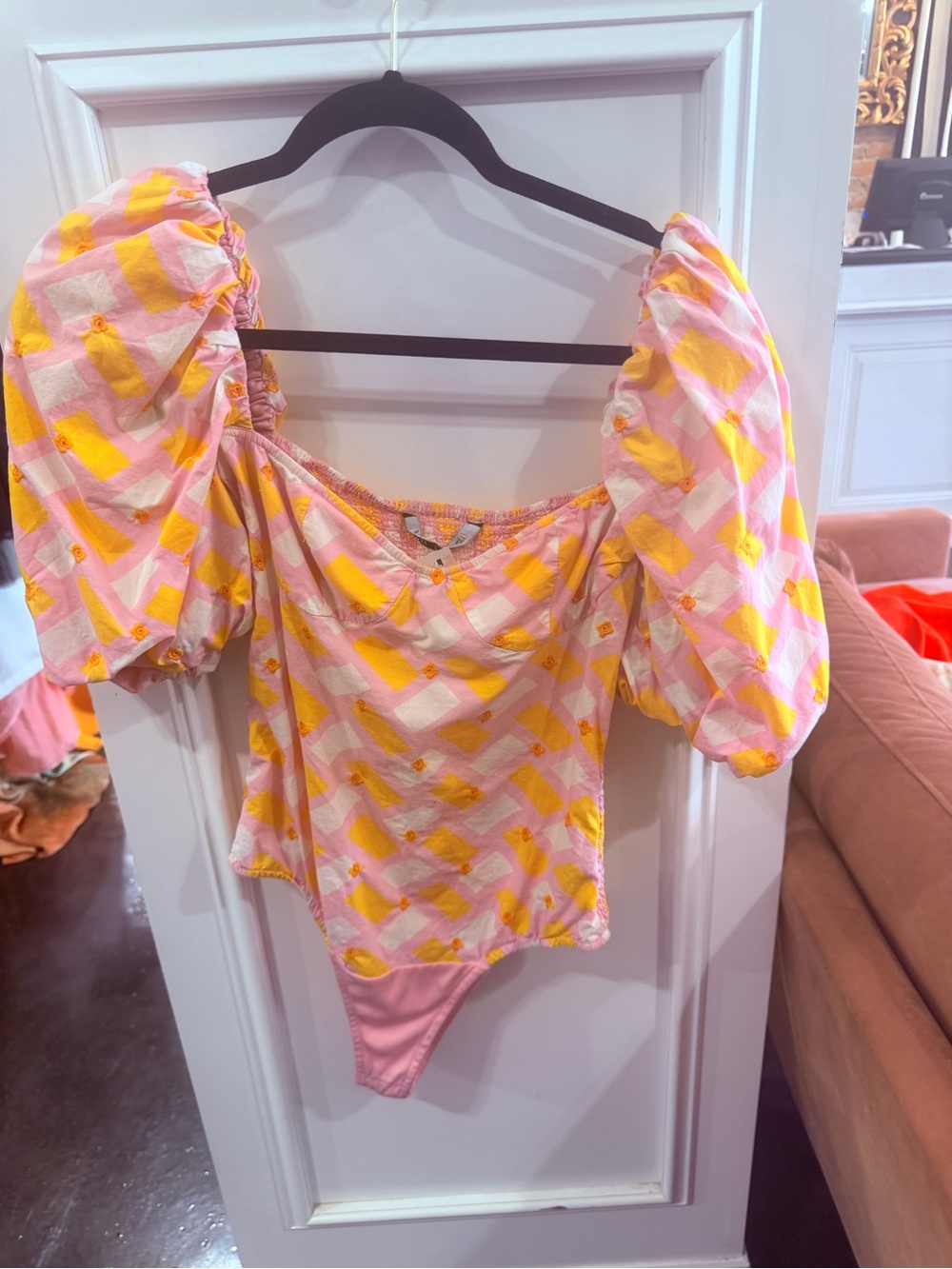 Zara Puff-Sleeve Bodysuit in Pink & Yellow